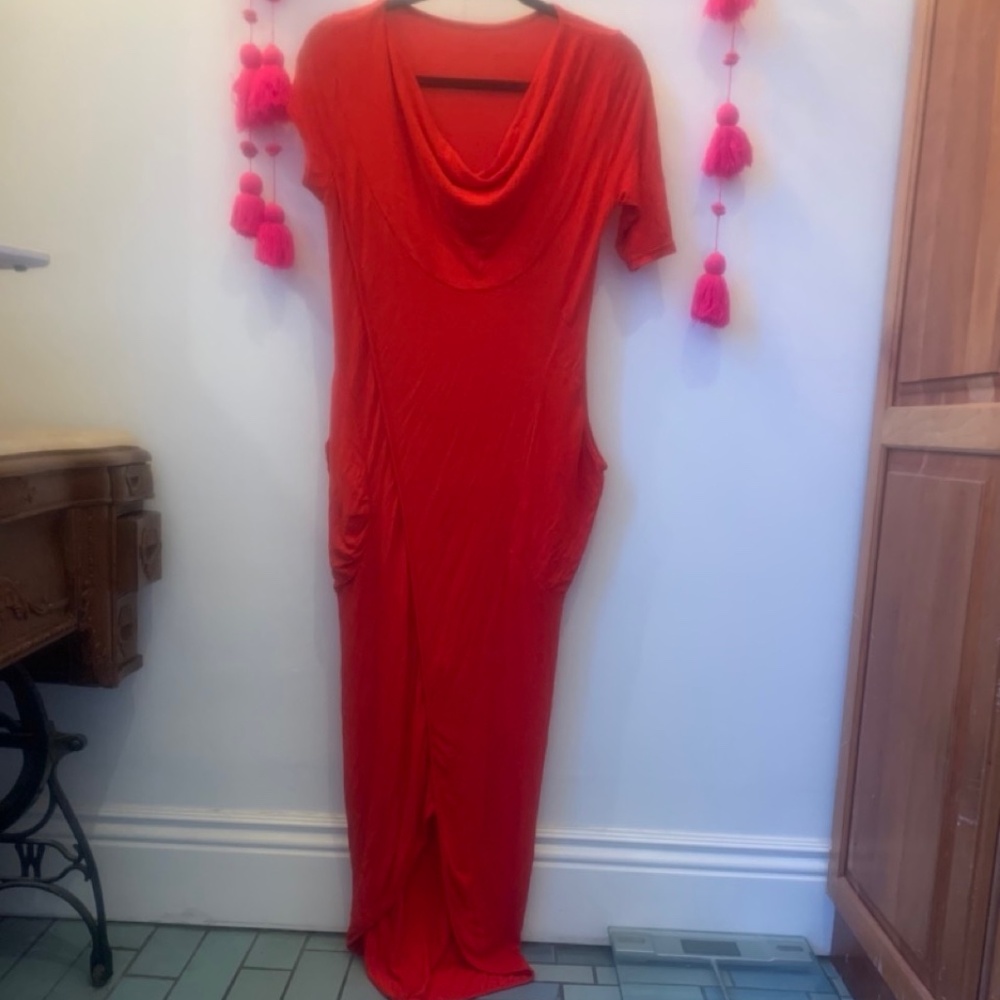 Aakasha futuristic asymmetric sleeves, cocoon cherry red maxi dress, 2 pockets